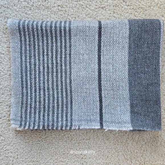 NWOT Cashmere Scarf Light and Dark Grey Stripe Diamond Weave - Picture 14 of 14